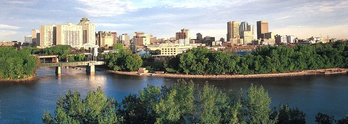 City skyline with tall buildings, a river, a bridge, and green trees in the foreground on a sunny day.